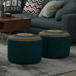 Winslet Round Braided Pouf Deep Aqua - WyndenHall