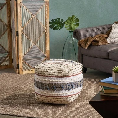 Helton Handcrafted Boho Fabric Pouf Blue/White/Red - Christopher Knight Home 5 Helton Handcrafted Boho Fabric Pouf Blue/White/Red - Christopher Knight Home – Image 3