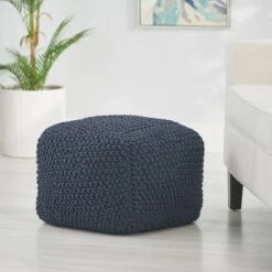 Pim Modern Knitted Cotton Cube Pouf Dark Blue - Christopher Knight Home