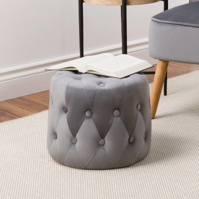 Lynwood Velvet Round Tufted Pouf Gray - CorLiving 4 Lynwood Velvet Round Tufted Pouf Gray - CorLiving – Image 2