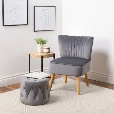 Lynwood Velvet Round Tufted Pouf Gray - CorLiving 5 Lynwood Velvet Round Tufted Pouf Gray - CorLiving – Image 3