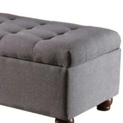 Button Tufted Storage Bench with Wooden Bun Feet - Benzara Brown