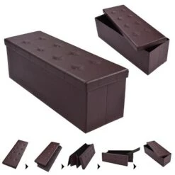 Costway 45''x15''x15'' Large Folding Storage Faux Leather Ottoman Pouffe Box Stool Brown