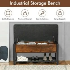 Costway Shoe Bench Padded Bench w/Storage Box and Shoe Shelf Rustic Brown and Black -Ottomans Official Shop unnamed file 6981