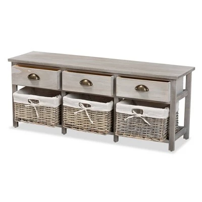 Mabyn Wood 3 Drawer Storage Bench with Baskets Light Gray - Baxton Studio 3 Mabyn Wood 3 Drawer Storage Bench with Baskets Light Gray - Baxton Studio