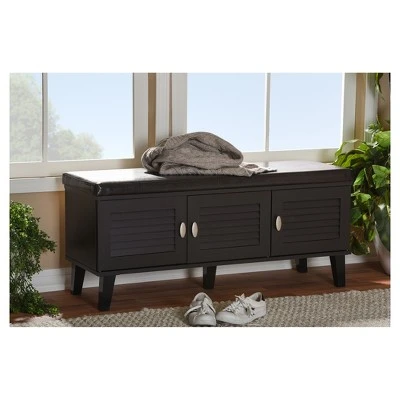 Sheffield Modern and Contemporary 3 - Door Wood Entryway Storage Cushioned Bench Shoe Rack Cabinet Organizer - Dark Brown - Baxton Studio 6 Sheffield Modern and Contemporary 3 - Door Wood Entryway Storage Cushioned Bench Shoe Rack Cabinet Organizer - Dark Brown - Baxton Studio – Image 4
