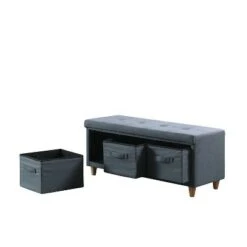 Tufted Bench with Basket Drawers - Ore International Gray