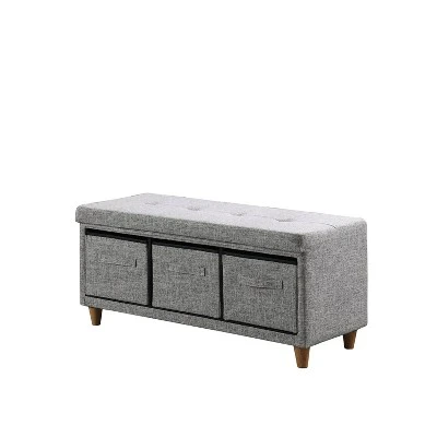 Tufted Bench with Basket Drawers - Ore International Gray 7 Tufted Bench with Basket Drawers - Ore International Gray – Image 5