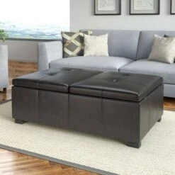 Antonio Double Storage Ottoman - Black Bonded Leather - Corliving