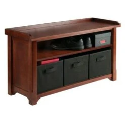 Verona Storage Bench with 3 Foldable Black Color Fabric Baskets - Walnut - Black - Winsome -Ottomans Official Shop unnamed file 7482