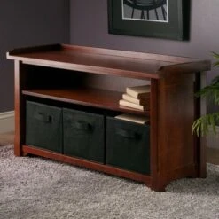 Verona Storage Bench with 3 Foldable Black Color Fabric Baskets - Walnut - Black - Winsome -Ottomans Official Shop unnamed file 7483