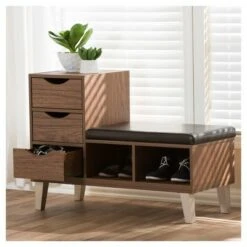 Arielle Modern and Contemporary Wood 3 - Drawer Shoe Storage Padded Leatherette Seating Bench with Two Open Shelves - "Walnut" Brown - Baxton Studio -Ottomans Official Shop unnamed file 7561
