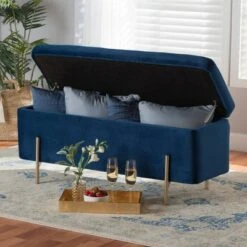 Rockwell Velvet Metal Storage Bench - Baxton Studio Blue/gold -Ottomans Official Shop unnamed file 7579