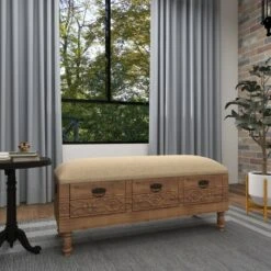 Olivia & May Carved Wood and Upholstered Storage Bench with Drawers Brown - Olivia & May -Ottomans Official Shop unnamed file 7790