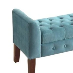 Velvet Upholstered Button Tufted Wooden Bench Settee with Hinged Storage Blue/Brown - Benzara