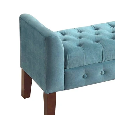 Velvet Upholstered Button Tufted Wooden Bench Settee with Hinged Storage Blue/Brown - Benzara 3 Velvet Upholstered Button Tufted Wooden Bench Settee with Hinged Storage Blue/Brown - Benzara