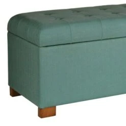 Polyester Upholstery Bench with Button Tufted Hinged Lid Storage and Wood Feet Teal - Benzara