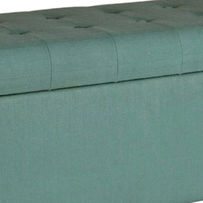 Polyester Upholstery Bench with Button Tufted Hinged Lid Storage and Wood Feet Teal - Benzara 4 Polyester Upholstery Bench with Button Tufted Hinged Lid Storage and Wood Feet Teal - Benzara – Image 3