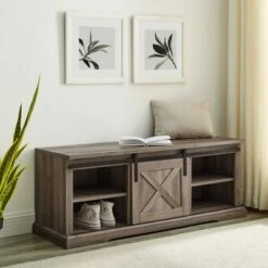 48" Modern Farmhouse Sliding Door Wood Bench - Saracina Home White/rustic Oak