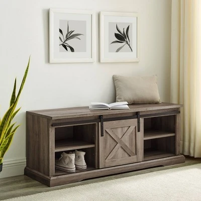 48" Modern Farmhouse Sliding Door Wood Bench - Saracina Home White/rustic Oak 3 48" Modern Farmhouse Sliding Door Wood Bench - Saracina Home White/rustic Oak