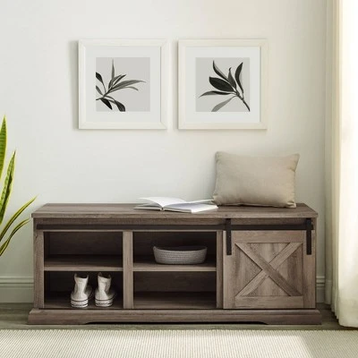 48" Modern Farmhouse Sliding Door Wood Bench - Saracina Home White/rustic Oak 9 48" Modern Farmhouse Sliding Door Wood Bench - Saracina Home White/rustic Oak – Image 7