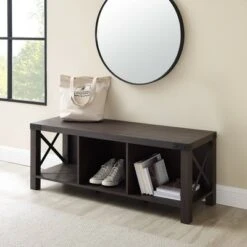 Sophie Rustic Farmhouse X Frame Entry Bench with 3 Cubbies - Saracina Home Rustic Oak -Ottomans Official Shop unnamed file 854