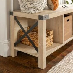 Sophie Rustic Farmhouse X Frame Entry Bench with 3 Cubbies - Saracina Home Rustic Oak -Ottomans Official Shop unnamed file 857