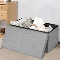 Costway 30'' Folding Storage Ottoman W/Lift Top Bed End Bench 80L Capacity Light GreyDark Grey
