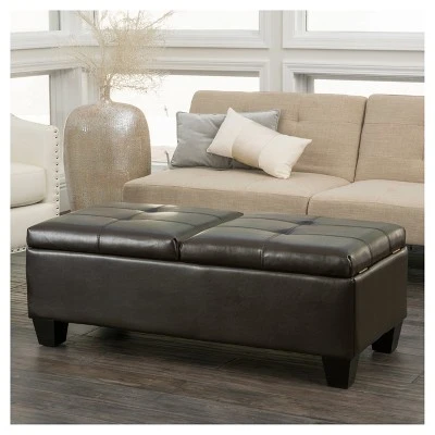Merrill Double Opening Leather Storage Ottoman - Chocolate Brown - Christopher Knight Home 4 Merrill Double Opening Leather Storage Ottoman - Chocolate Brown - Christopher Knight Home – Image 2
