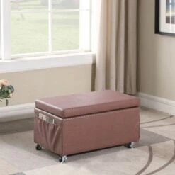 Ore International Storage Bench with Caster Wheels/Side Pockets Beige -Ottomans Official Shop unnamed file 9007