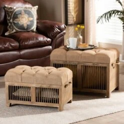 2pc Clement Fabric Upholstered Wood Spindle Storage Ottoman Trunk Set Beige/Brown - Baxton Studio -Ottomans Official Shop unnamed file 9275