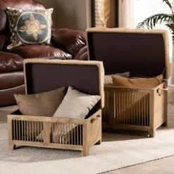 2pc Clement Fabric Upholstered Wood Spindle Storage Ottoman Trunk Set Beige/Brown - Baxton Studio -Ottomans Official Shop unnamed file 9276