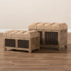 2pc Clement Fabric Upholstered Wood Spindle Storage Ottoman Trunk Set Beige/Brown - Baxton Studio -Ottomans Official Shop unnamed file 9277
