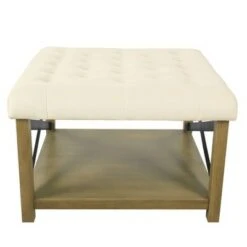Tufted Ottoman with Wooden Storage - HomePop Cream
