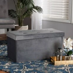 Castel Velvet Fabric Upholstered Wood Storage Ottoman - Baxton Studio Navy Blue -Ottomans Official Shop unnamed file 9638