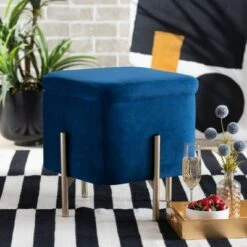 Aleron Velvet Metal Storage Ottoman - Baxton Studio Blue/gold -Ottomans Official Shop unnamed file 9673