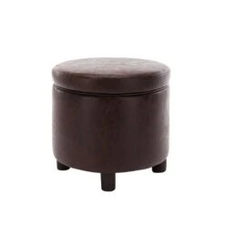 Round Storage Ottoman with Lift Off Lid - WOVENBYRD Dark Brown Faux Leather -Ottomans Official Shop unnamed file 9912